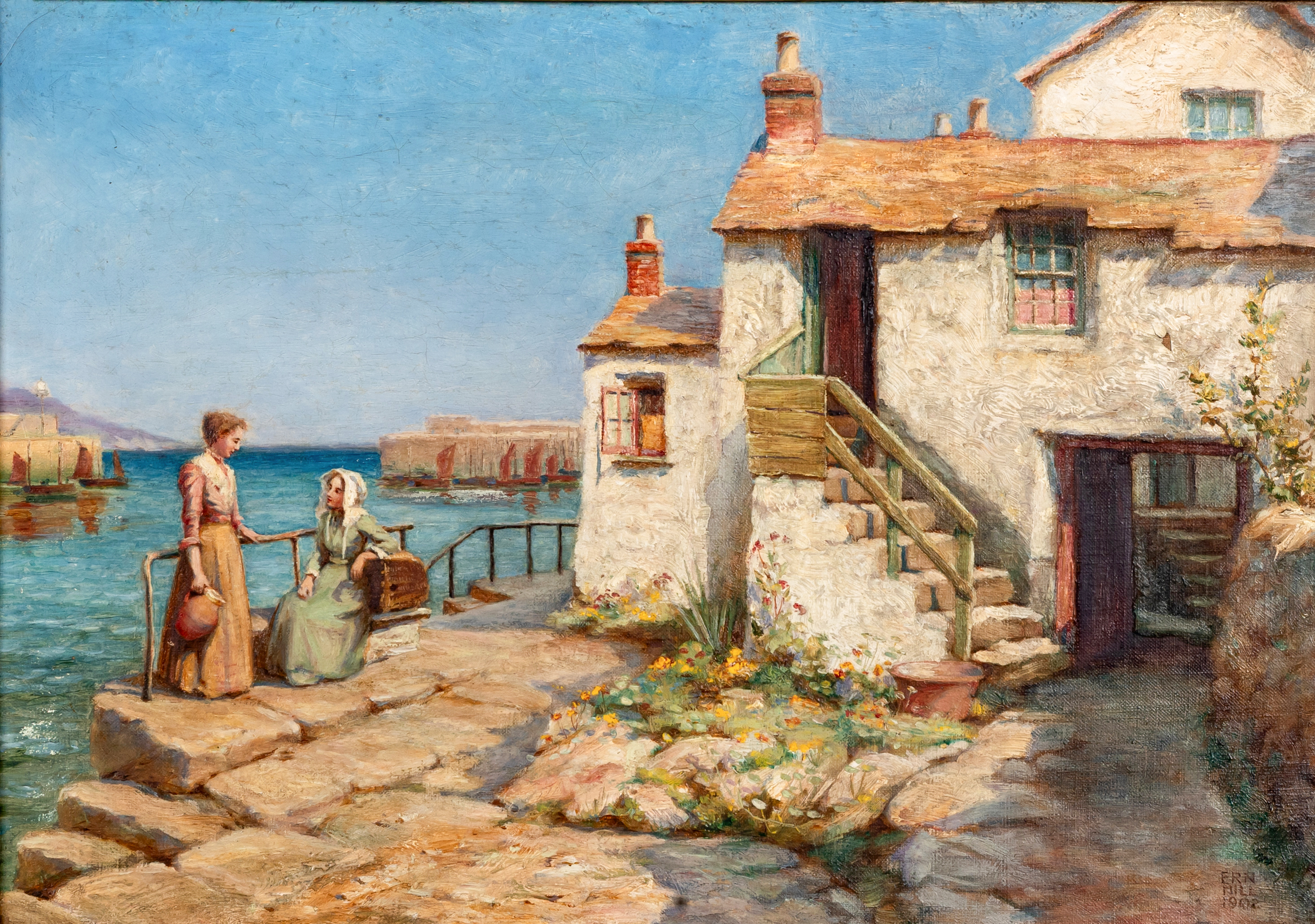 ERNEST F HILL RBSA (act.1897-1940) Harbour Scene with two Fishermens Wives beside a Cottage Image