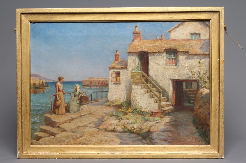 ERNEST F HILL RBSA (act.1897-1940) Harbour Scene with two Fishermens Wives beside a Cottage Image
