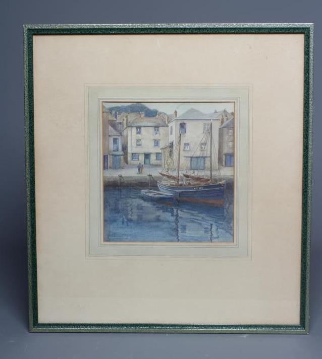 CATHERINE HILL (exh.1930s) Fishing Boats in Fowey Harbour, signed lower left, watercolour heightened Image