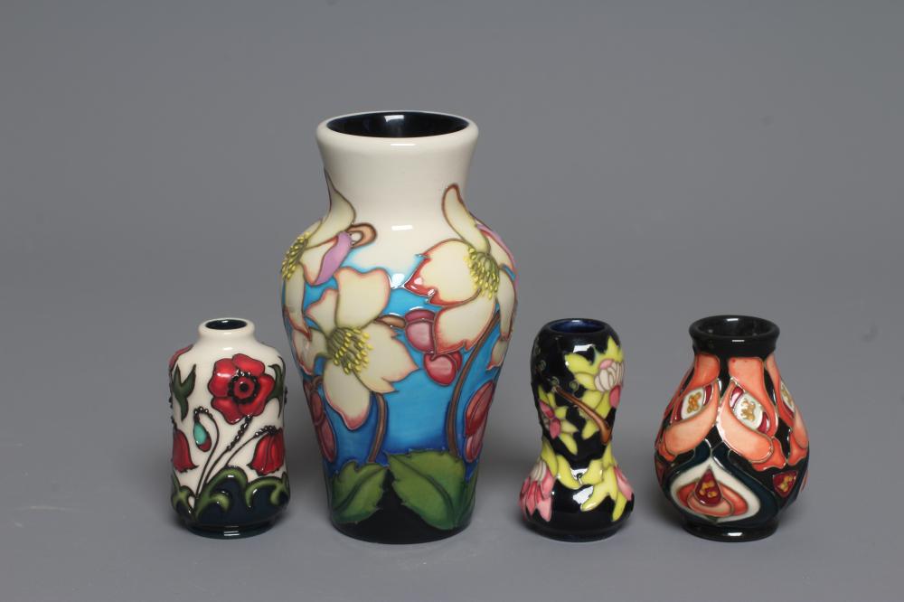 THREE MOORCROFT POTTERY MINIATURE VASES comprising a Wild Poppy Dance waisted cylindrical vase Image