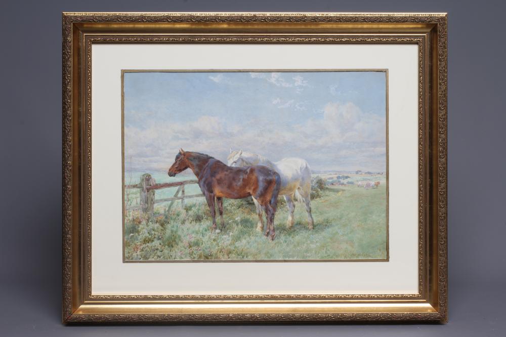 CHARLES COLLINS (c.1818-1899) Horses and Cattle in Open Fields, signed lower right, watercolour, 10" Image