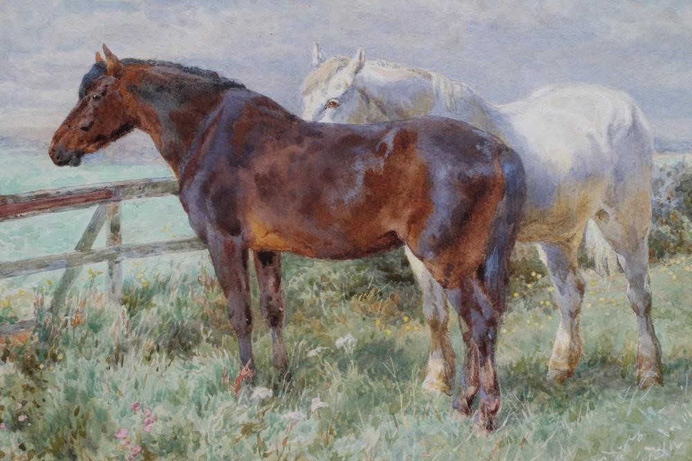 CHARLES COLLINS (c.1818-1899) Horses and Cattle in Open Fields, signed lower right, watercolour, 10" Image