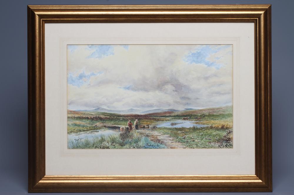 DAVID BATES (1840/41-1921) Moorland scene with Figures by a Stream, signed lower left, watercolour, Image