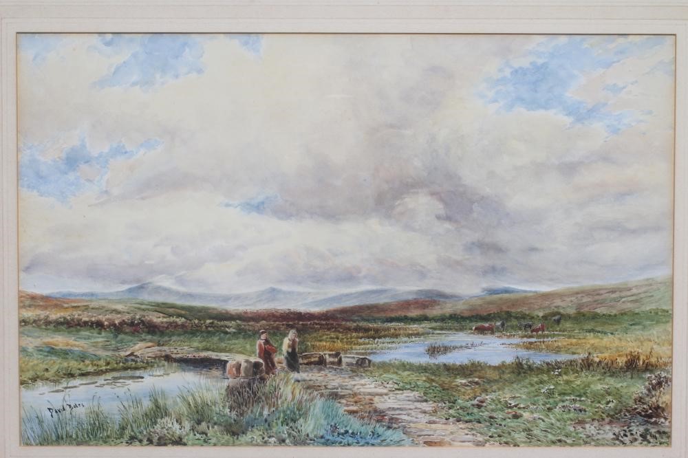 DAVID BATES (1840/41-1921) Moorland scene with Figures by a Stream, signed lower left, watercolour, Image