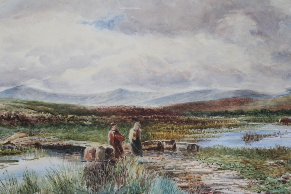 DAVID BATES (1840/41-1921) Moorland scene with Figures by a Stream, signed lower left, watercolour, Image