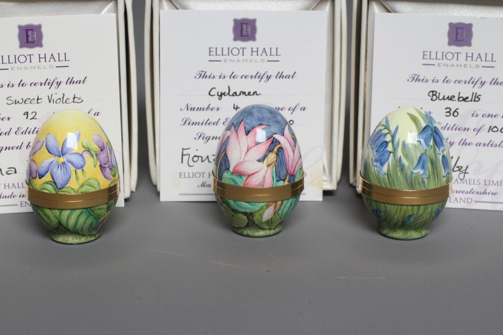 TWO ELLIOT HALL ENAMEL EGGS painted by Fiona Bakewell with Cyclamen and Sweet Violets Image
