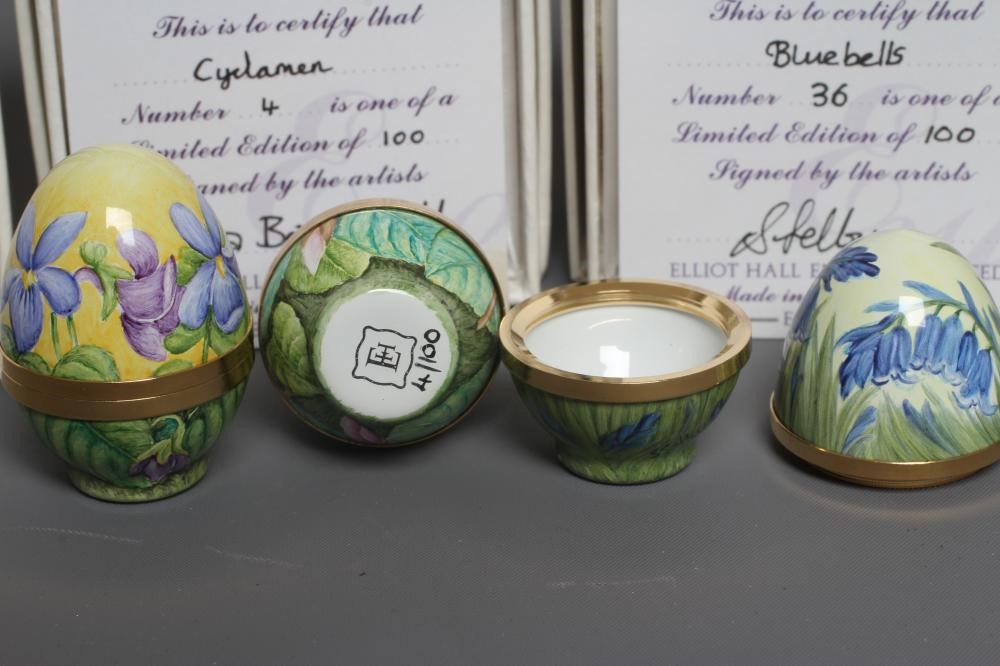 TWO ELLIOT HALL ENAMEL EGGS painted by Fiona Bakewell with Cyclamen and Sweet Violets Image