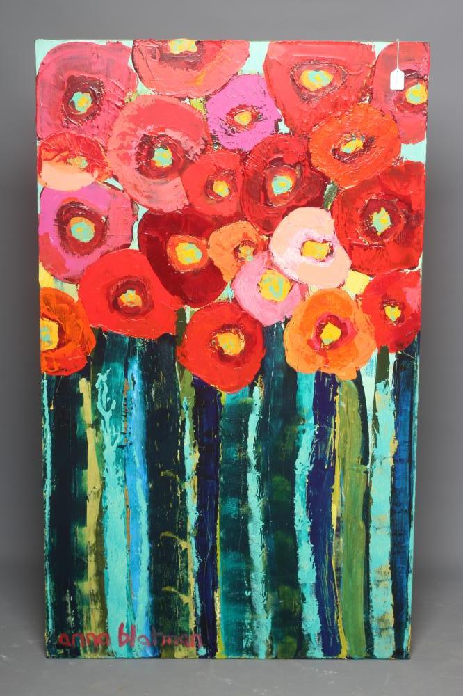 ANNA BLATMAN (b.1965) Poppies, signed lower left, oil on canvas, 60" x 36, unframed (Est. plus 24% Image