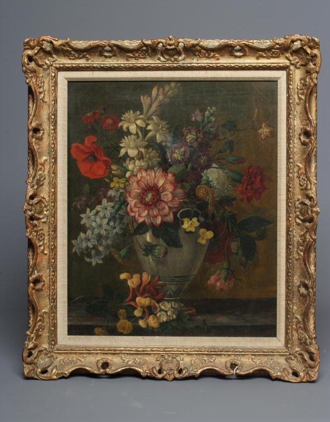 CONTINENTAL SCHOOL (19th Century) Still Life of Flowers in a Vase, oil on canvas, 15 1/2" x 12 1/2", Image