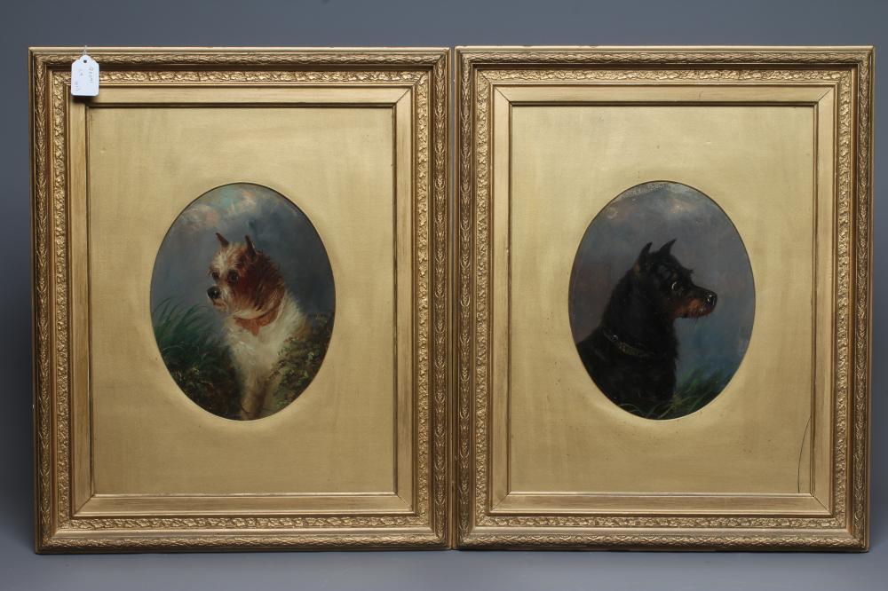 J LANGLOIS (c.1855-1904) Portraits of terriers, a pair, each signed, oil on board, oval, 11" x 8 Image