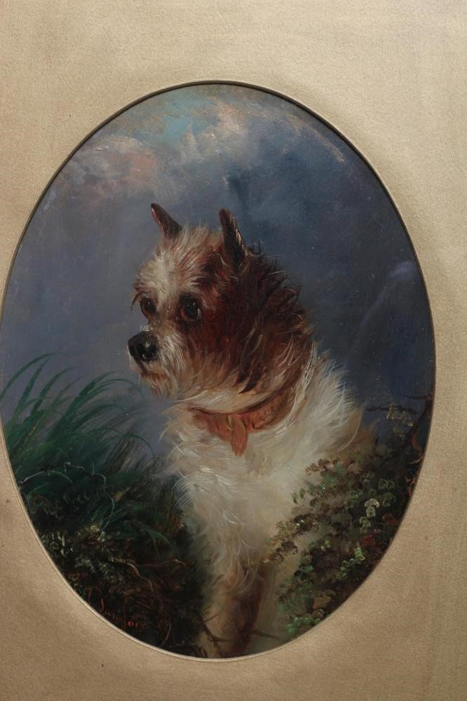 J LANGLOIS (c.1855-1904) Portraits of terriers, a pair, each signed, oil on board, oval, 11" x 8 Image