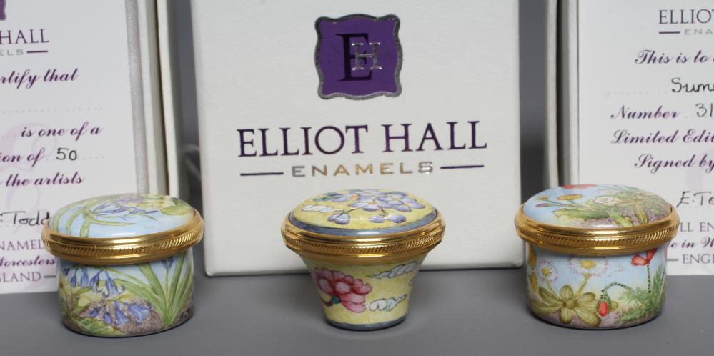 TWO ELLIOT HALL ENAMEL BOXES both painted by E Todd with Spring and Summer Image