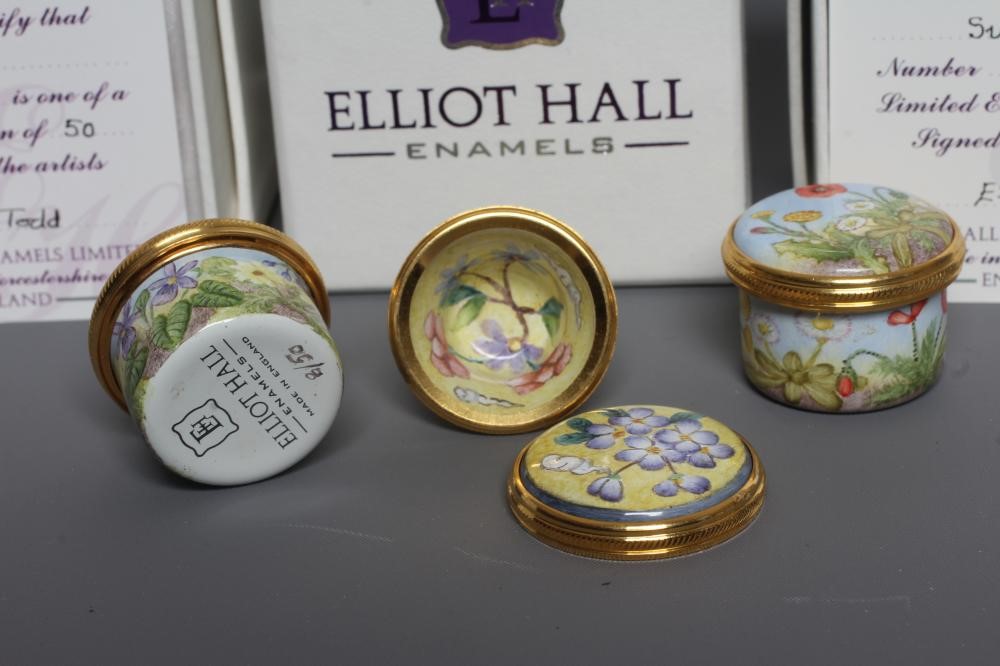 TWO ELLIOT HALL ENAMEL BOXES both painted by E Todd with Spring and Summer Image
