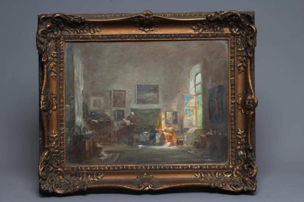 ANTAL ANTON PECZELY (1891-1963) The Art Collector, signed lower right, oil on board, 12 1/2" x 16 Image