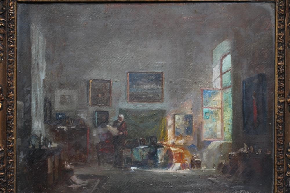ANTAL ANTON PECZELY (1891-1963) The Art Collector, signed lower right, oil on board, 12 1/2" x 16 Image