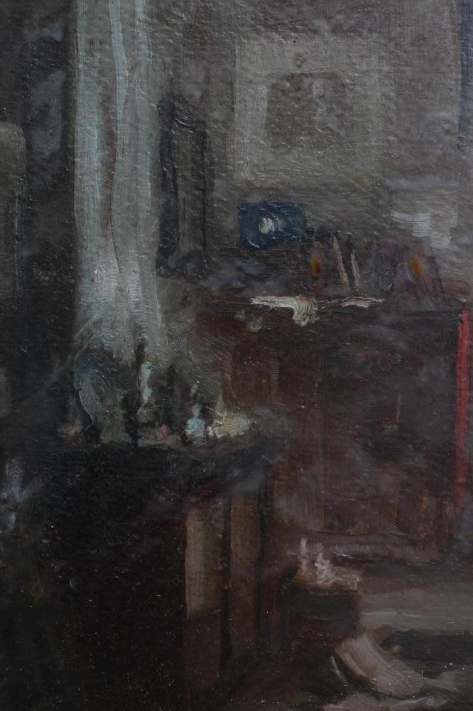 ANTAL ANTON PECZELY (1891-1963) The Art Collector, signed lower right, oil on board, 12 1/2" x 16 Image