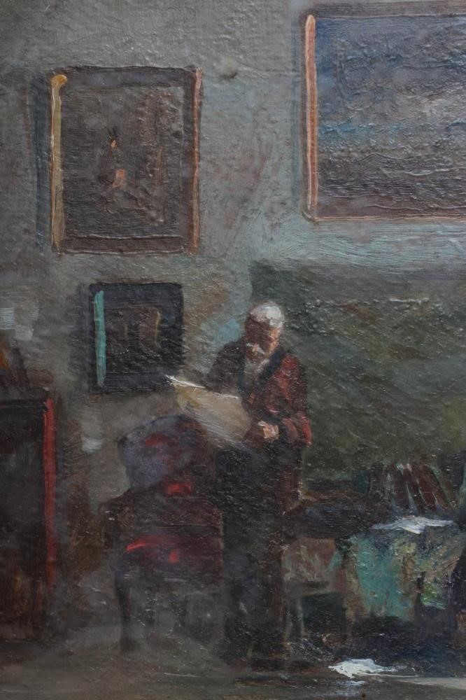 ANTAL ANTON PECZELY (1891-1963) The Art Collector, signed lower right, oil on board, 12 1/2" x 16 Image