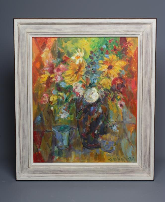 GLO WILLIAMS (b.1940) Blue Jug, signed lower right, oil on board, 23 1/2" x 19 1/2", framed and Image