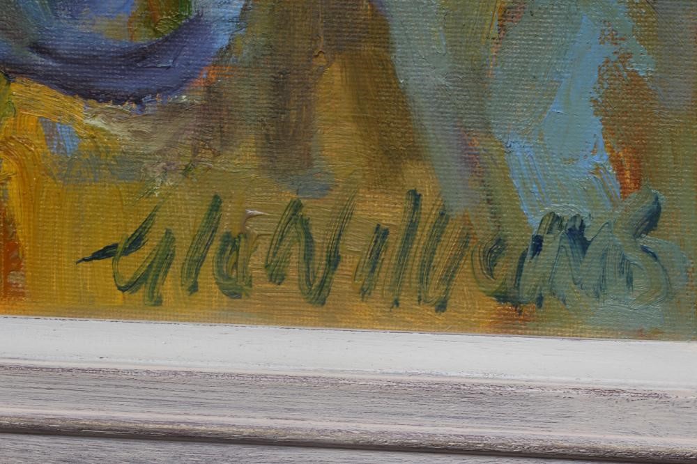 GLO WILLIAMS (b.1940) Blue Jug, signed lower right, oil on board, 23 1/2" x 19 1/2", framed and Image