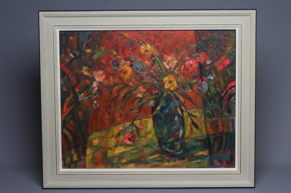 GLO WILLIAMS (b.1940) Blooms on Red, signed lower right, oil on board, 23 1/2" x 29 1/2", framed and Image