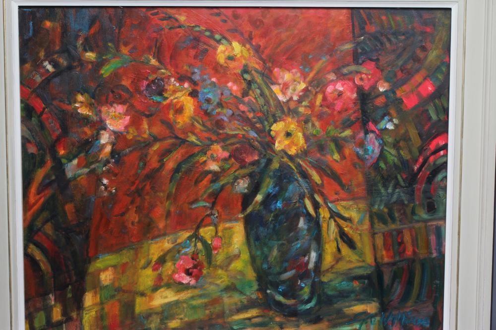 GLO WILLIAMS (b.1940) Blooms on Red, signed lower right, oil on board, 23 1/2" x 29 1/2", framed and Image