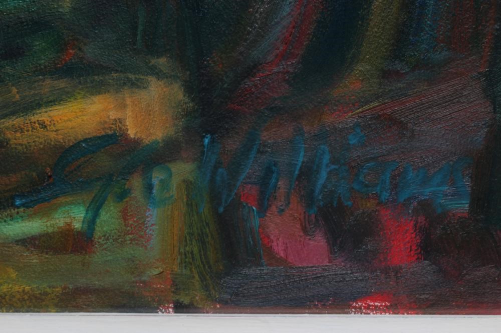 GLO WILLIAMS (b.1940) Blooms on Red, signed lower right, oil on board, 23 1/2" x 29 1/2", framed and Image
