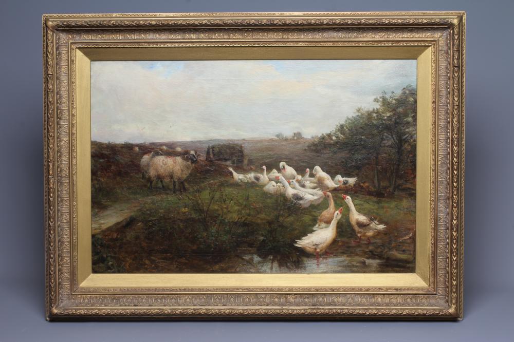 W. HENDERSON (British School, late 19th century) Geese and Sheep beside a Pond, signed lower right Image