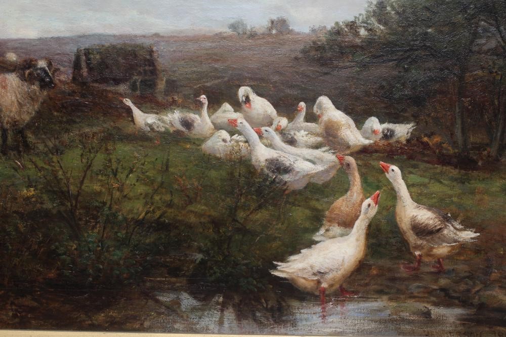 W. HENDERSON (British School, late 19th century) Geese and Sheep beside a Pond, signed lower right Image