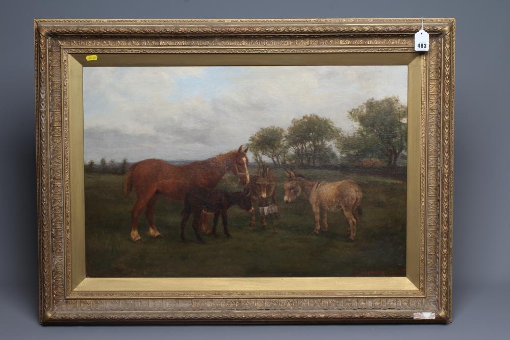 W. HENDERSON (British School, late 19th century) Donkeys and a Pony in a Field, signed lower right, Image