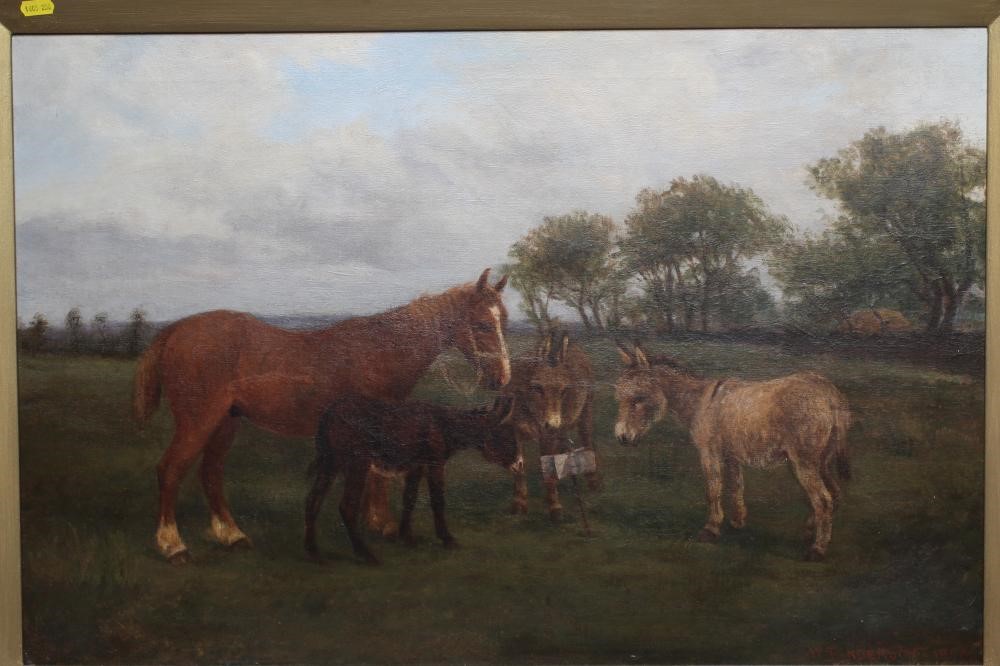 W. HENDERSON (British School, late 19th century) Donkeys and a Pony in a Field, signed lower right, Image