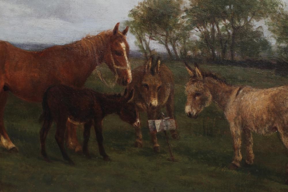 W. HENDERSON (British School, late 19th century) Donkeys and a Pony in a Field, signed lower right, Image