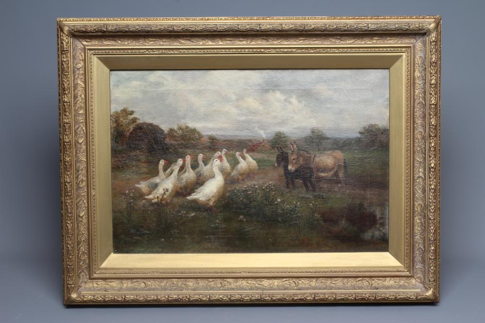 W. HENDERSON (British School, late 19th century) Geese and Two Donkeys on a Rural Track, signed Image