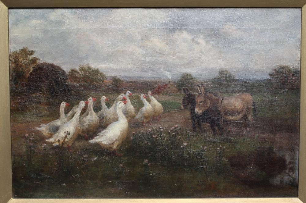 W. HENDERSON (British School, late 19th century) Geese and Two Donkeys on a Rural Track, signed Image