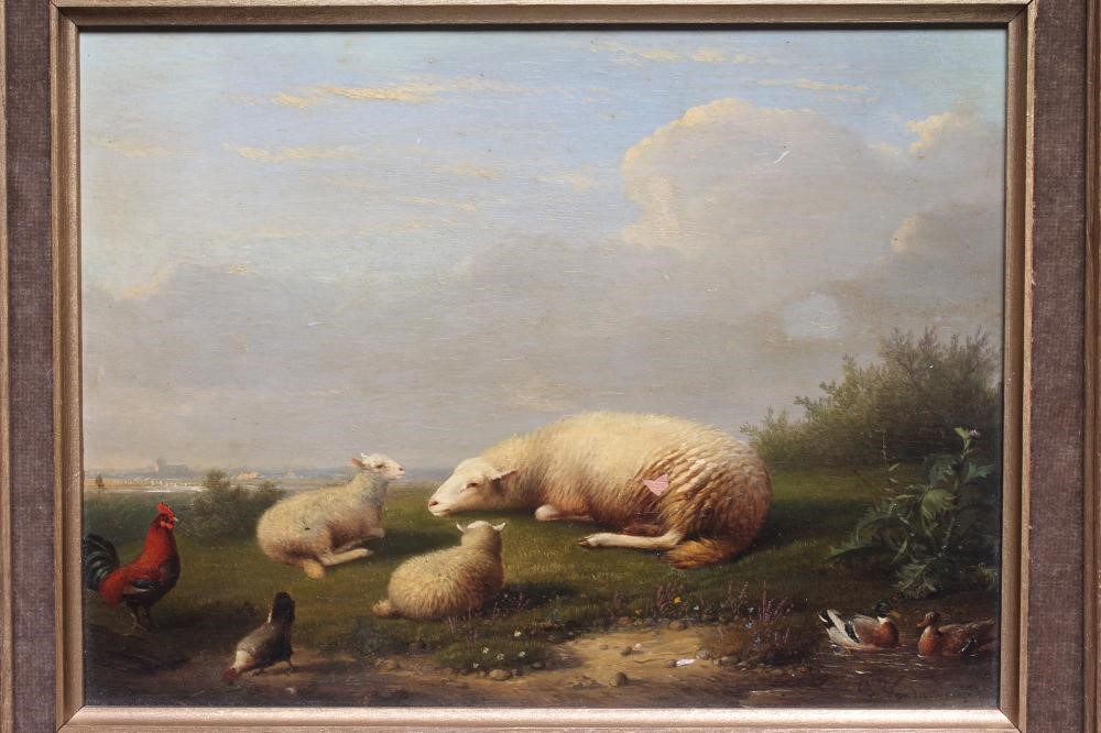 FRANZ VAN SEVERDONCK (Belgian 1809-1889) Sheep and Wild Fowl in Pasture, signed lower right, oil on Image