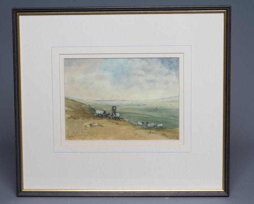 BRIAN IRVING (1931-2013) Sheep on Moorland, signed lower left, watercolour, 7" x 9 3/4", framed and Image