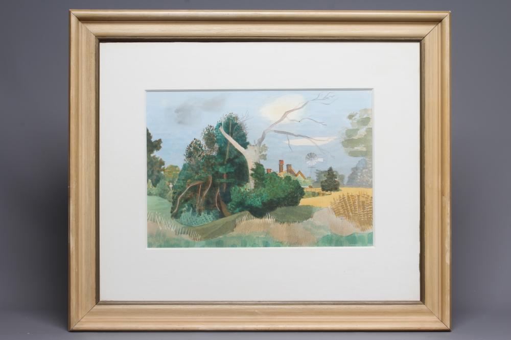 KENNETH ROWNTREE (1915-1997) Rural Landscape with Gnarled Tree and Corn Fields Image