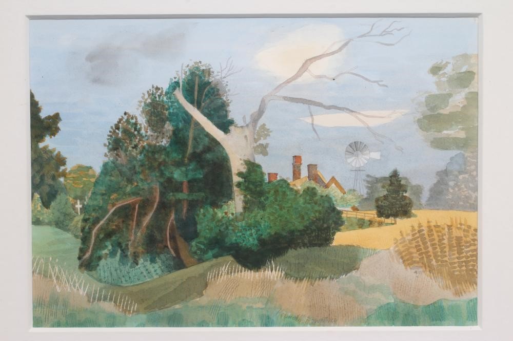 KENNETH ROWNTREE (1915-1997) Rural Landscape with Gnarled Tree and Corn Fields Image