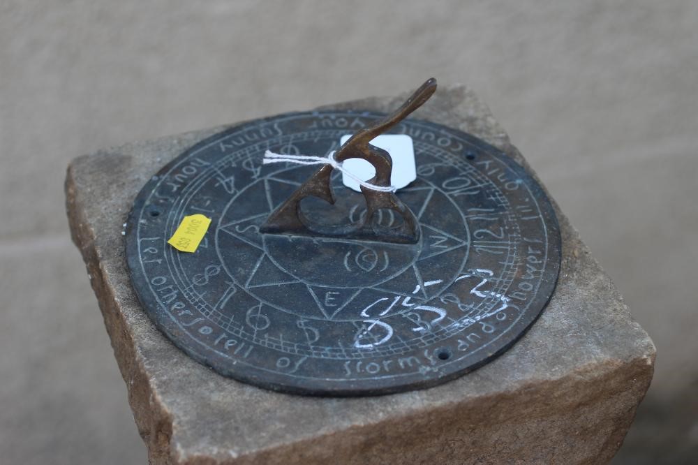 A SANDSTONE SUNDIAL of square form with stepped plinth and bronze gnomen, 13" w x 42 1/2" h (Est. Image