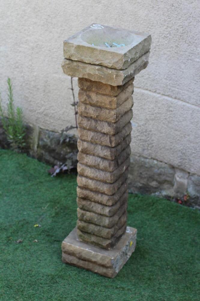 A CARVED SANDSTONE SQUARE BIRDBATH on "stacked" stem, 10" w x 35" h (Est. plus 24% premium inc. VAT) Image