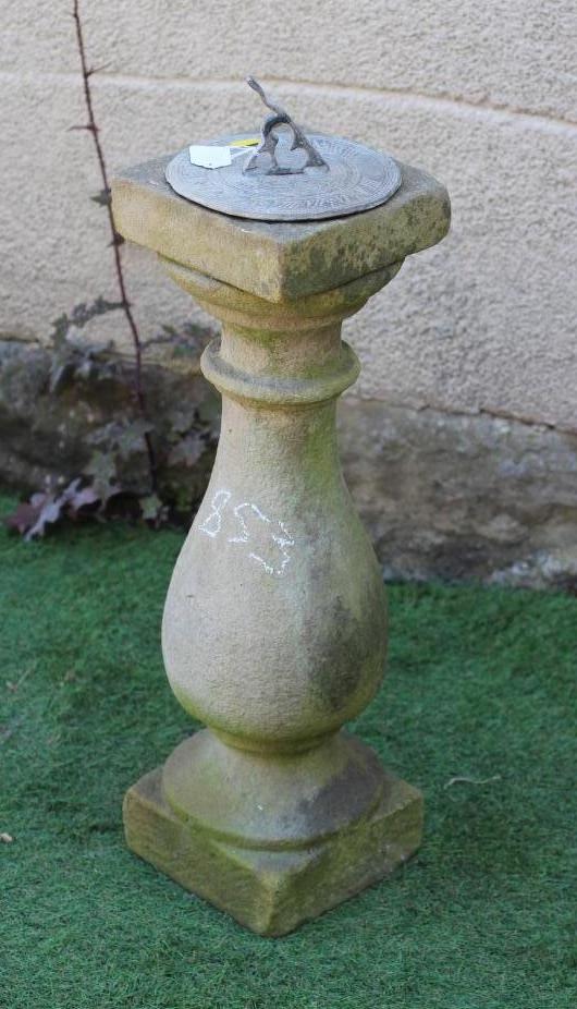 A SANDSTONE SUNDIAL, comprising a Victorian carved baluster on square base with a later lead gnomen, Image