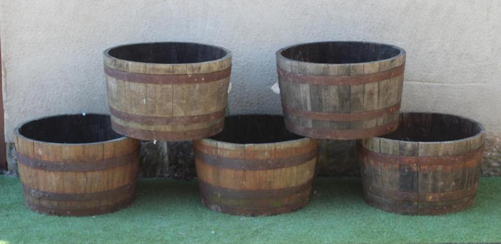 A SET OF FIVE COOPERED AND STAVED BARREL PLANTERS (Est. plus 24% premium inc. VAT) Image