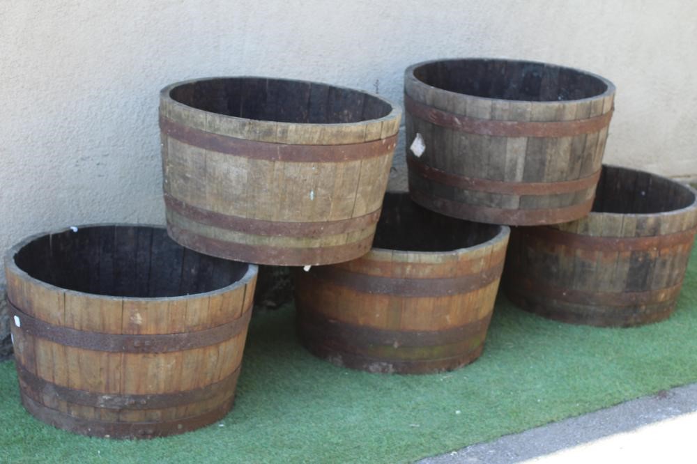 A SET OF FIVE COOPERED AND STAVED BARREL PLANTERS (Est. plus 24% premium inc. VAT) Image