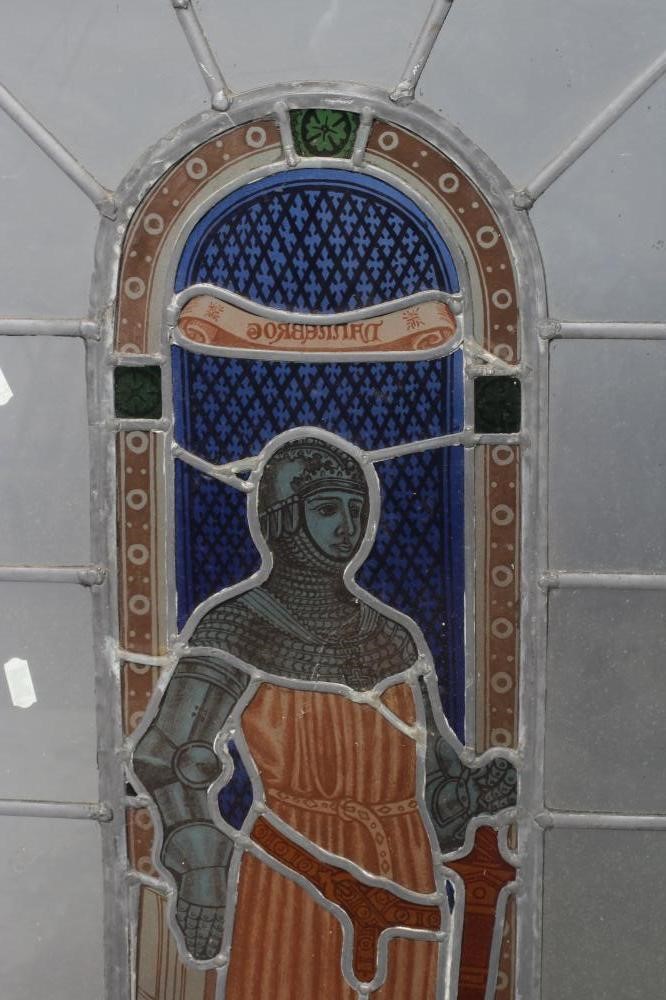 A LEADED STAINED AND PAINTED GLASS PANEL Image