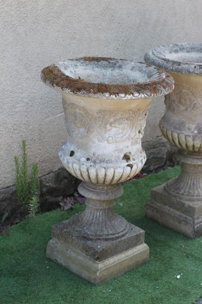 A PAIR OF CAST STONE URNS of semi fluted campana form, the ovolu rim over a body with scrolling Image