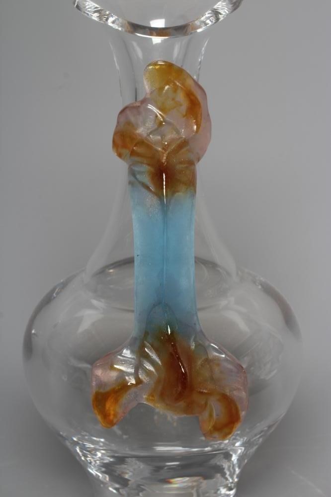 A DAUM GLASS CARAFE, modern, of baluster form with trefoil lip and applied blue and amber leaf Image