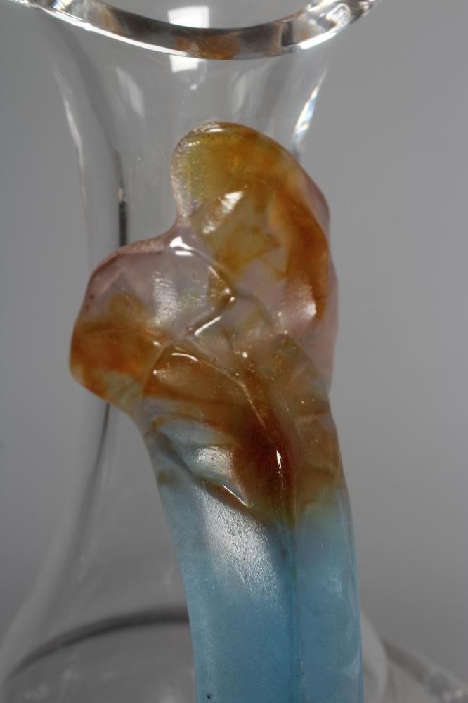 A DAUM GLASS CARAFE, modern, of baluster form with trefoil lip and applied blue and amber leaf Image