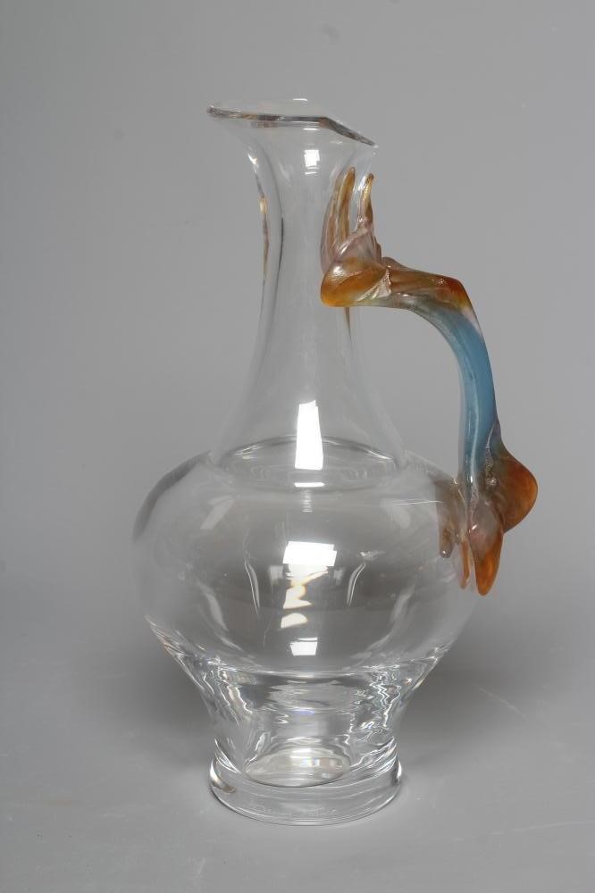 A DAUM GLASS CARAFE, modern, of baluster form with trefoil lip and applied blue and amber leaf Image