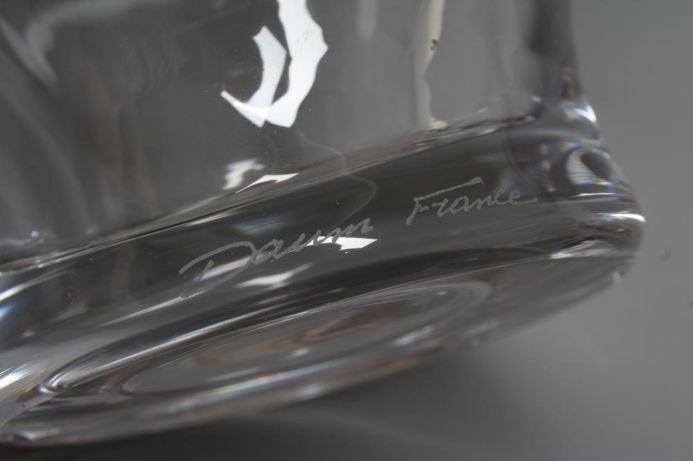 A DAUM GLASS CARAFE, modern, of baluster form with trefoil lip and applied blue and amber leaf Image