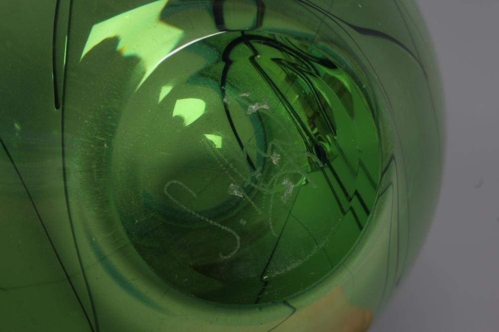 A STUART AKROYD GREEN LUDIC GLASS VASE of plain U form with a plain dark green rim, signed, Image