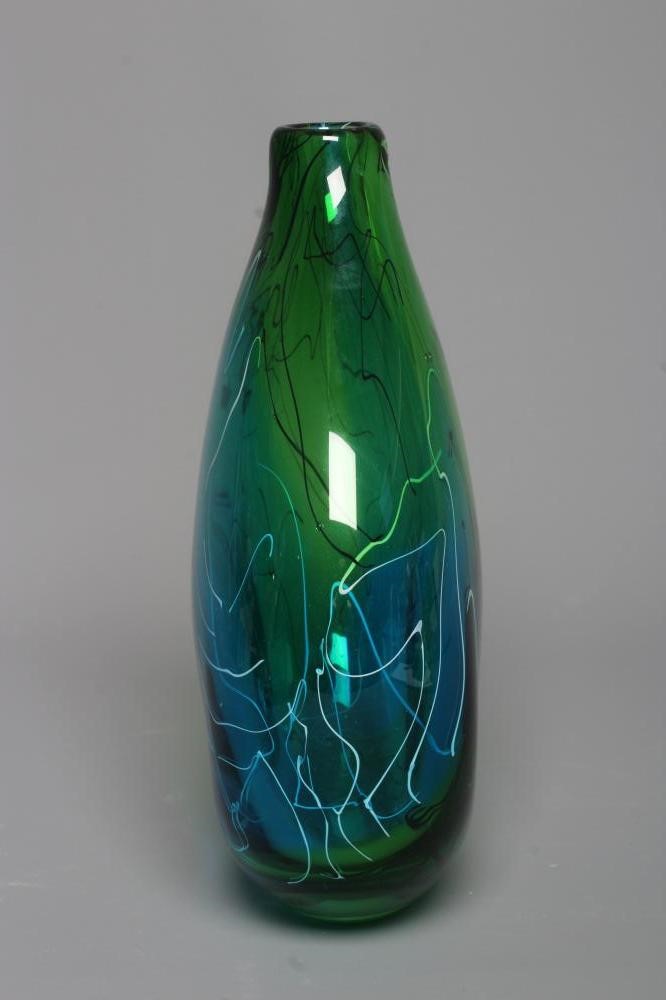 A STUART AKROYD GREEN LUDIC GLASS VASE of flattened oval form, signed, labelled, 9 1/2" high (Est. Image